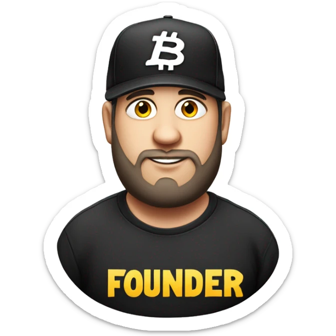 Fat Jewish man in his 30s wearing black trucker hat that says Founder on the hat sticker