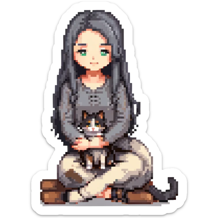 beautiful girl with long black hair sitting cross-legged petting a gray and blonde mixed cat curled beside her, pixel art style sticker