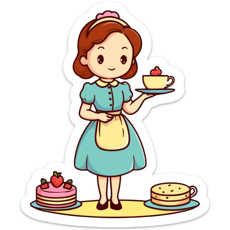 Charming British girl in vintage dress having afternoon tea with fancy teacup, scones and cake stand sticker