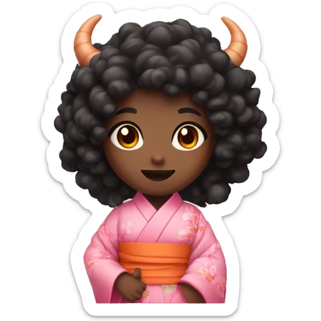 a demon girl with curly black orange and pink eyes with a pink kimono and a bamboo  sticker