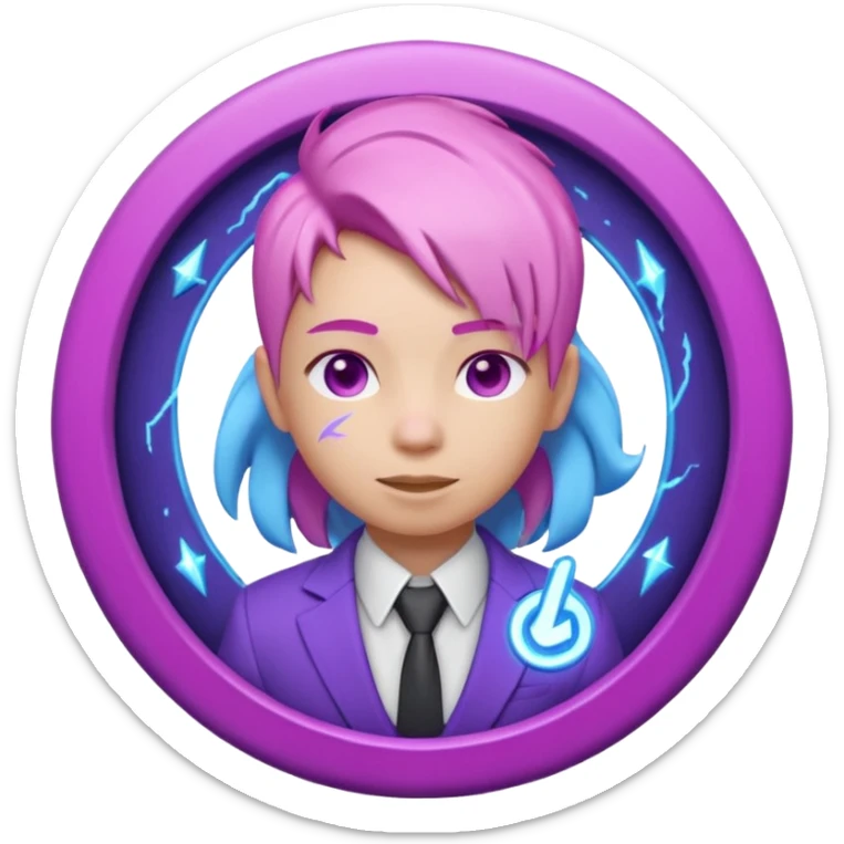 Cute 3D emoji-style character with pink hair and purple eyes, inside a circular badge. No hands, no pose. Clean purple suit with a glowing neon-blue ‘C’ logo on the chest, small lightning accent. Smooth Apple-style lighting, friendly expression sticker