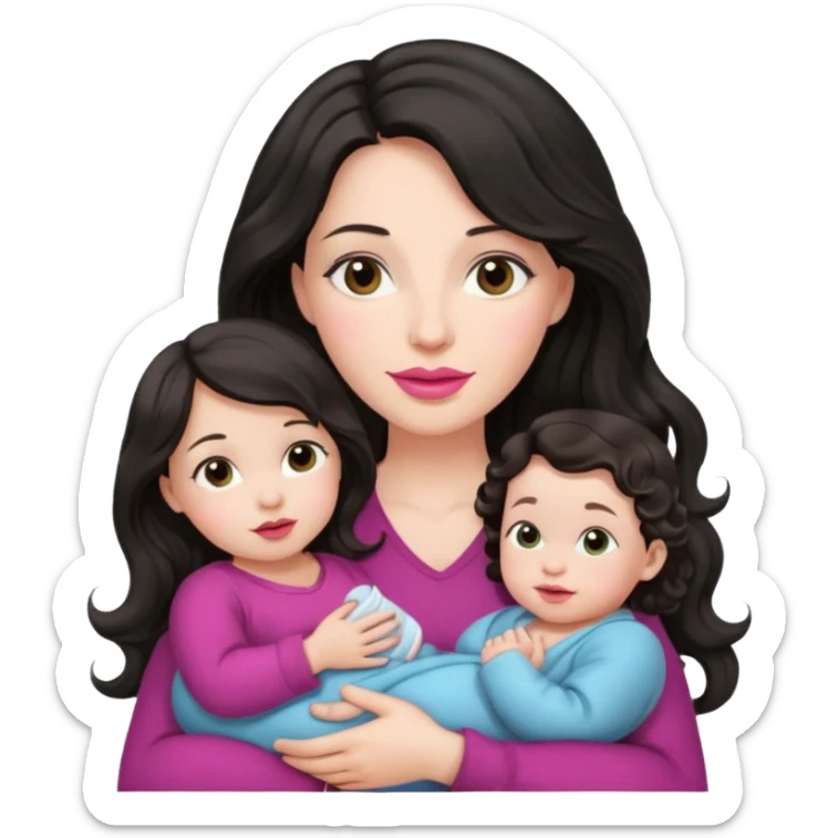 Beautiful Mother long black wavy  hair pink lipstick  holding 1 one infant brown hair fair skin sticker