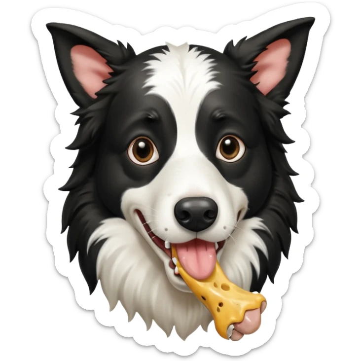 A black and white border collie is chewing on a rotten, smelly cow's hoof. sticker
