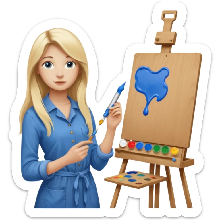 female artist, 20 years old, blonde with long hair, blue eyes, beautiful, confident, thin. In the hands of paints, she is near the easel, 20th century sticker