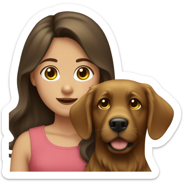 Girl with brown hair and green brown eyes next to a black golden retriever sticker