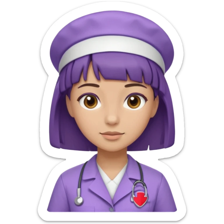 A young female slim nurse with short Brown hair with fringe over her forehead, wearing larvendar purple working cloth sticker
