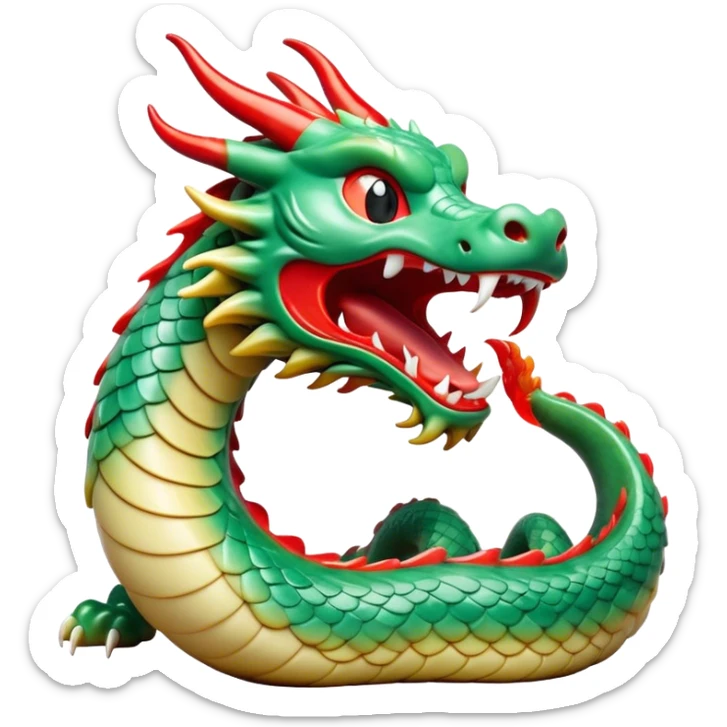 Cinematic Cute Yawning Chinese Serpent Dragon Portrait Emoji, Head gently inclined with a dramatic, wide-open yawn, revealing an elegantly elongated body with softly glowing jade and vermilion scales, enriched by subtle, ethereal cloud and ripple motifs; rendered with authentic detail and delicate natural light, high shine, relaxed yet wise, styled with a dash of ancient mystique, soft glowing outline, capturing the essence of a drowsy but venerable celestial dragon ready to drift into a serene, timeless slumber! sticker