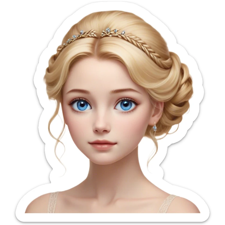 Cinematic Realistic Cinderella Portrait, depicted with lifelike skin texture, subtle rosy undertones, and soft natural lighting that enhances the gentle contours of her face. Her intricately detailed golden blonde hair is elegantly styled in an updo, with delicate wisps framing her face for added realism. Her deep, expressive blue eyes radiate warmth and sincerity, reflecting a quiet resilience and grace. She is dressed in her iconic ball gown, the fabric shimmering with intricate embroidery and fine translucent layers that catch the light beautifully. The soft sheen of satin gloves and the delicate sparkle of a glass-like slipper peeking from beneath her dress add a touch of magical realism. The portrait features an enchanting glow with a natural, luminous finish, seamlessly blending realism and fairytale charm to evoke a sense of depth, elegance, and timeless beauty. sticker