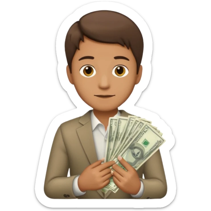 A man with a lot of money and short hair, holding a stack of money sticker