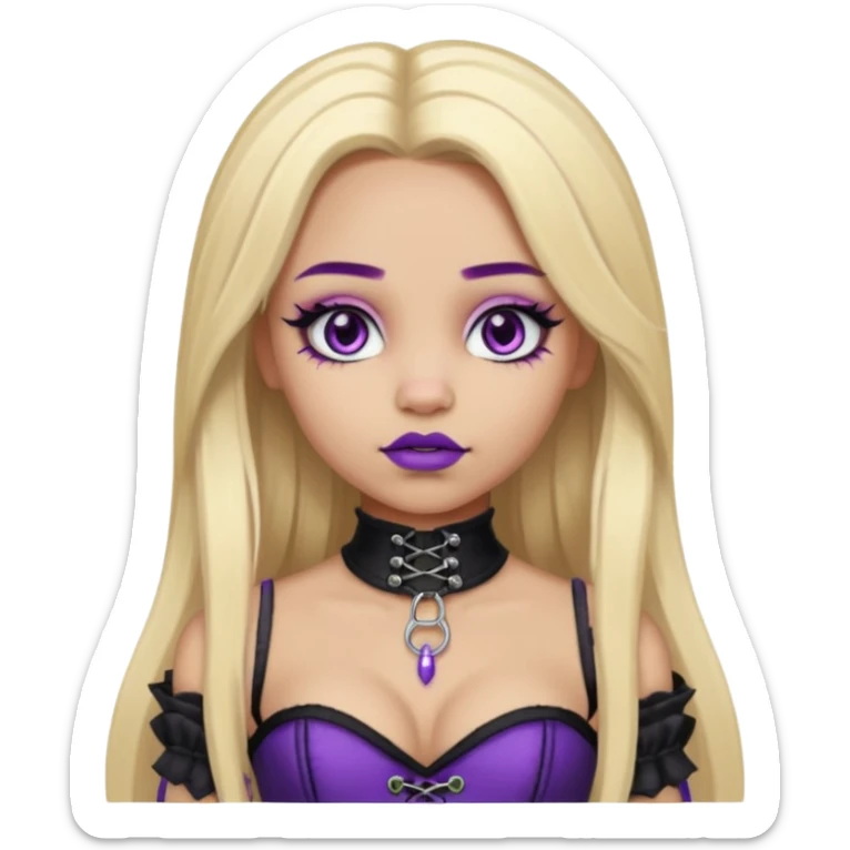 Ai light skin girl , who has straight long length blonde hair with heavy purple streaks , hazel eyes , and doll like makeup , with a septum piercing, in a black corset emoji sticker