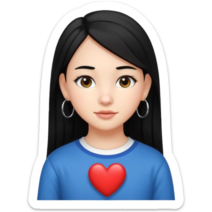 create an i phone emoji of a young 8th grade school girl, with fair skin, heart shape face, has medium length straight black hair and with hoops earrings. sticker