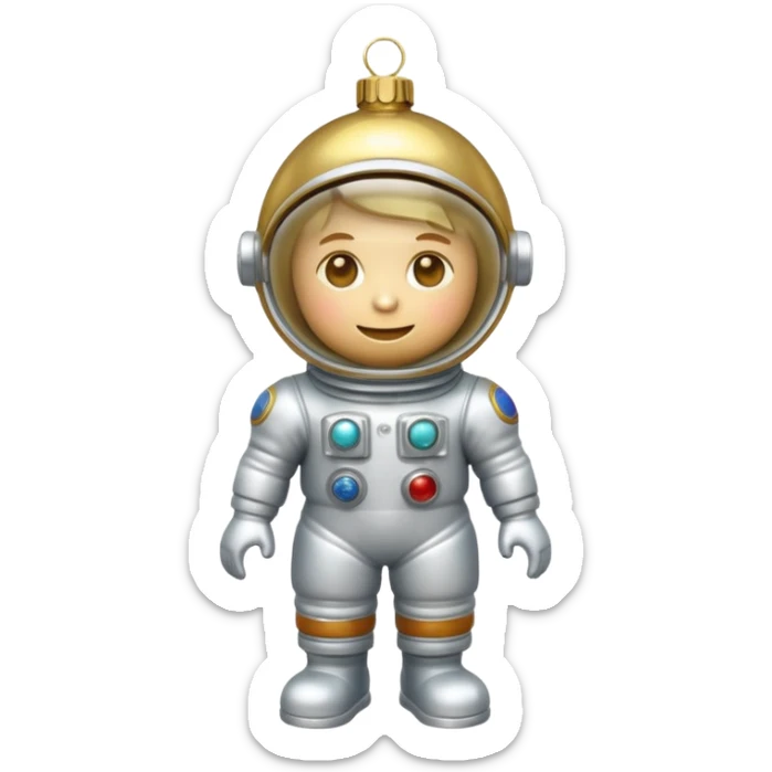 Apple iOS style 3D emoji of a vintage Soviet glass Christmas ornament shaped like a little astronaut. Shiny metallic paint, iridescent glass reflections, slightly distressed gold details. High-end
3D render, nostalgic aesthetic, isolated on a solid white background, 8k. sticker