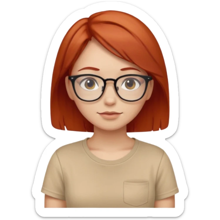 girl short-layer-red-hair wear beige T-shirt, wear glasses sticker