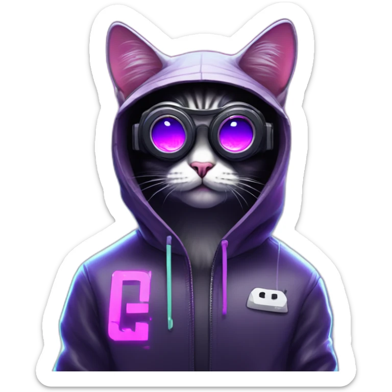 Russian cat wearing a black hoodie with "OMG" letters on it and VR headset in a cyberpunk VR environment with violet neon lighting. sticker