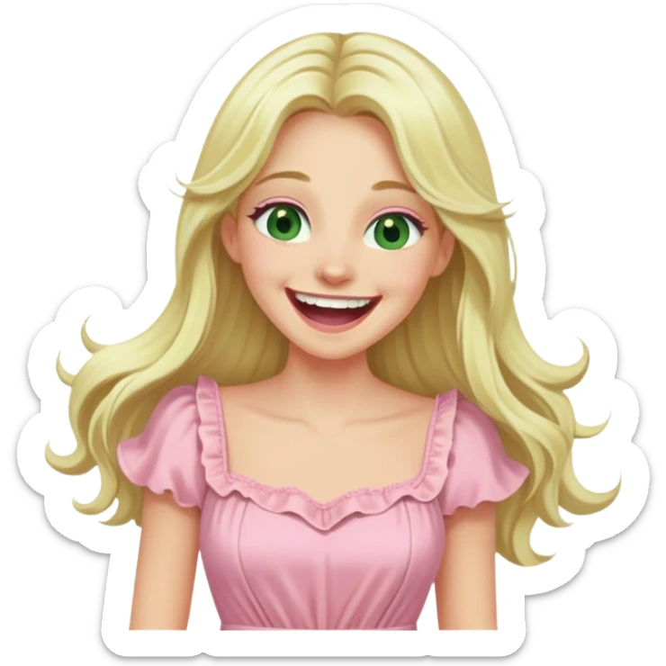 blonde with long hair and swamp eyes in a pink pastel dress, laughing sticker