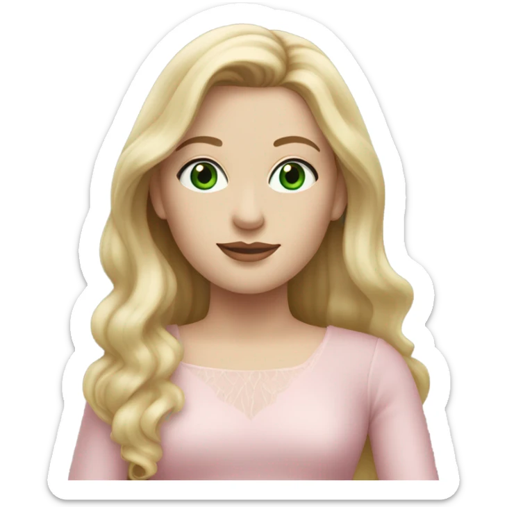 Realistic White woman with Long blonde straight hair and green eyes, wearing Long soft pink tiered tulle dress, isolated sticker