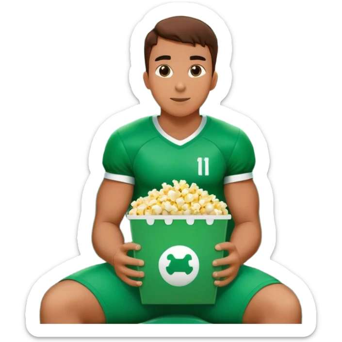 A football player sitting in the stands and watching the game with popcorn in super large green box sticker