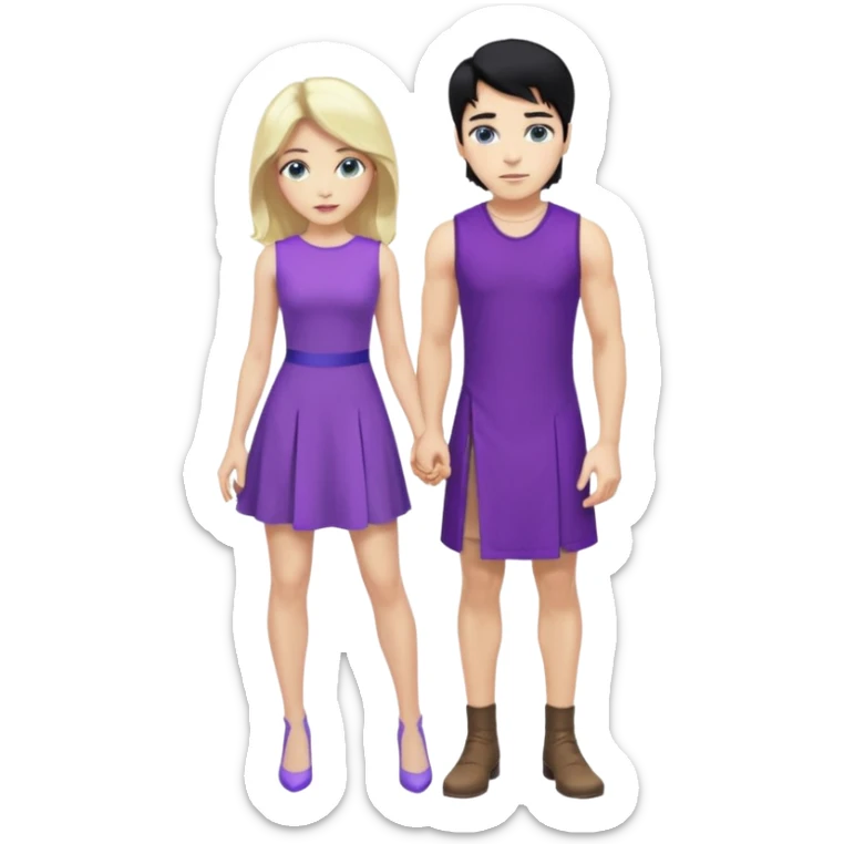 prince, standing upright, black Hair, blue eyes, garment,  woman, bending knee, sleveless white dress, blonde hair, green eyes, sticker