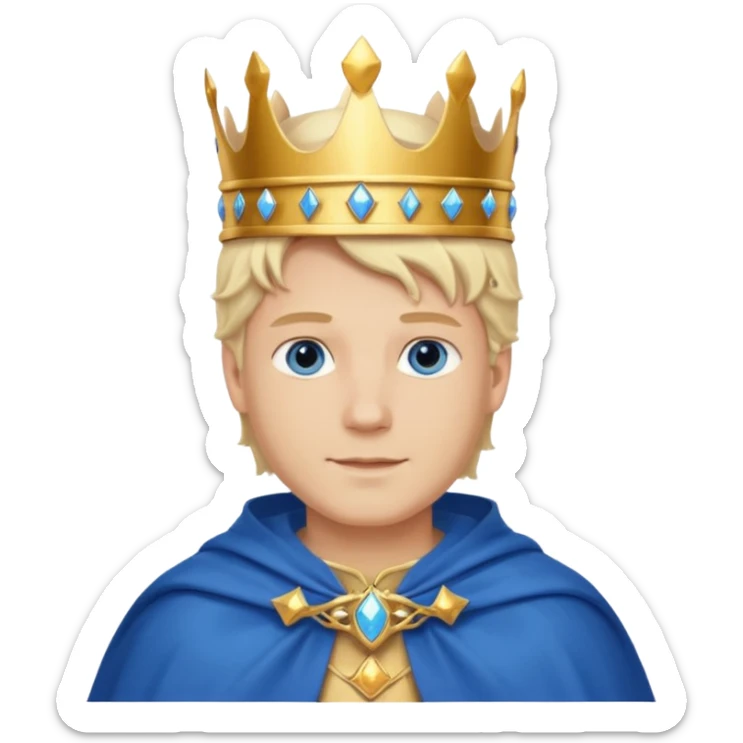 1 White king, blond hair, blue eyes, kind and benevolent vibe, gentle smile, wearing a crown and blue cloak emoji sticker