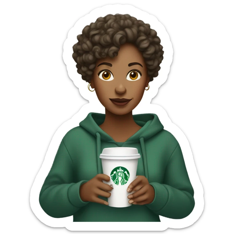 A woman wearing a sweatshirt with curly hair holding a Starbucks cup with two hands sticker