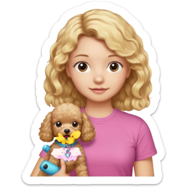 hazme un emoji que sea una niña rubi con el pelo ondulado i una camiseta rosa que ponga brownie, i acariciando a un perro (caniche toy) si pero con el pelo mas largo i no tan rubia sticker