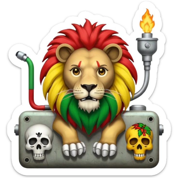 Create a power station with a rasta cap on with red gold green grafite of a lion and skulls with Fred the fossibot grafted on it sticker