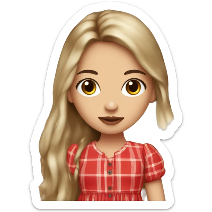 Pretty peach skin brunette woman with doll eyes and long flowing hair and red rosy cheeks in red plaid babydoll dress sticker