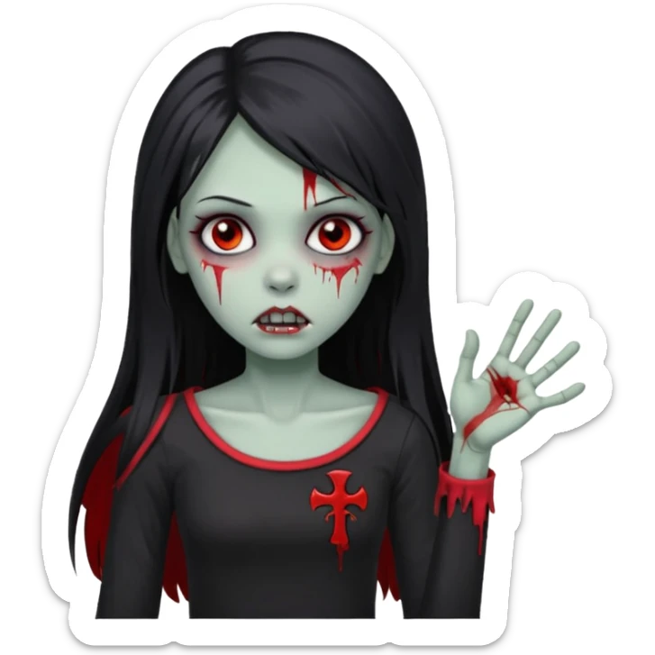Garota zumbi com cabelo todo preto liso longo e mechas vermelhas na lateral da cabeça dos dois lados, usando uma blusa com um lado da manga caida preta  sticker