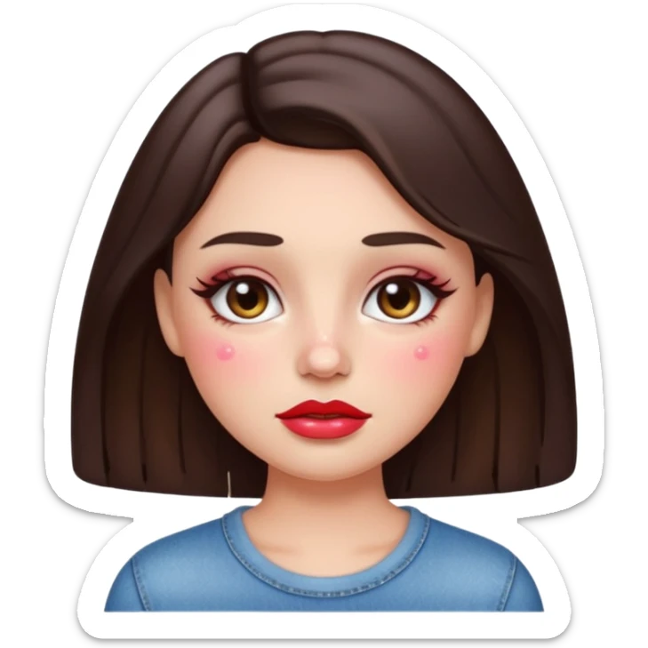 “Emoji brunette girl, dewy skin, heavy blush across cheeks and nose bridge, glossy cherry lips, soft eyeliner, teary sparkling eyes like hanni from new jeans sticker