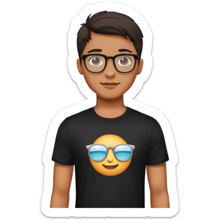 emoji jeune homme avec des lunette avec un v fond de plage t-shirt noir est argent dans les mains    sticker