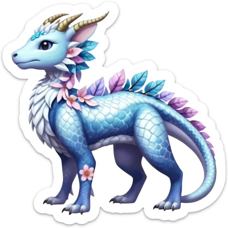 Shiny Glossy Pastel Light Divine Reptilian Draconian Furry Scaly Hairy Feathery Bovine Goated Feline Beautiful Floral Snowy Pretty Absol-Amaura-Suicune-Cobalion-fusion, full body sticker