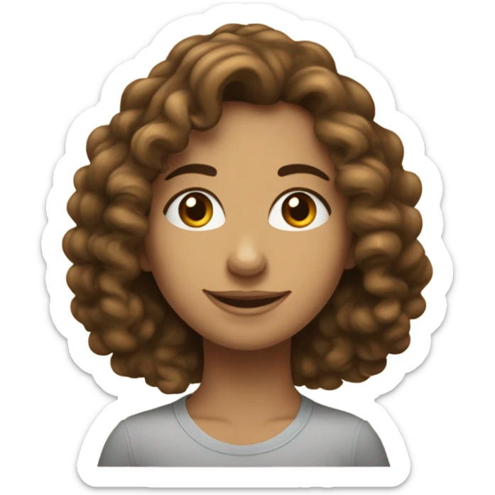 femme avec des cheveux bouclés, bruns et volumineux, légèrement tirés vers l'arrière. Le visage a une expression douce et tranquille, avec des yeux sombres et un léger sourire. sticker