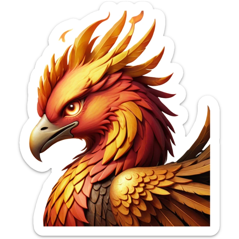 Cinematic Battle-Hardened Mystical Fire Phoenix Portrait Emoji, head bowed slightly in a moment of raw resilience, revealing a form etched with the wear of relentless conflict. Ragged, scorched plumage and half-closed, determined eyes speak to battles fought and won. Rendered with authentic detail and dramatic natural light that accentuates every scar and burn, high shine, this portrayal blends vulnerability with hardened strength, outlined in a soft glow that captures the essence of a phoenix tempered by the fires of combat. sticker