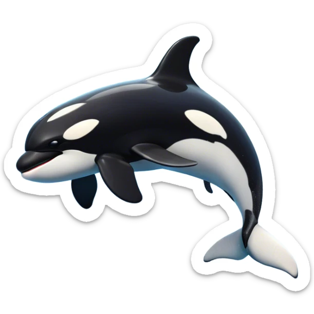 Meme-Worthy Breaching orca Portrait Emoji, Bursting powerfully out of the ocean with an impressive, high-energy leap, showcasing a sleek black-and-white body glistening with water droplets and dynamic, arched posture, Simplified yet exhilaratingly expressive features, highly detailed, glowing with a vibrant marine energy, high shine, bold and full of life, stylized with an air of untamed ocean spirit, soft glowing outline, capturing the essence of an orca mid-breach, radiating pure, unstoppable aquatic power! sticker