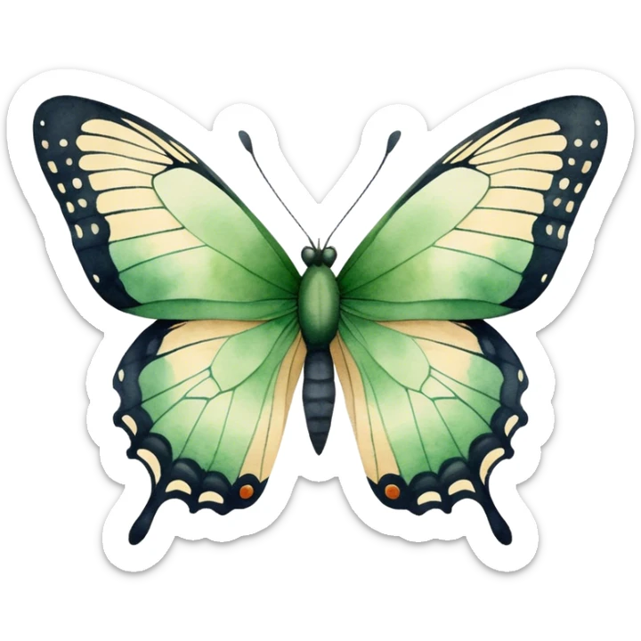 A minimalist watercolor illustration of a butterfly with green hues and fine details, set against a soft beige canvas.
 sticker