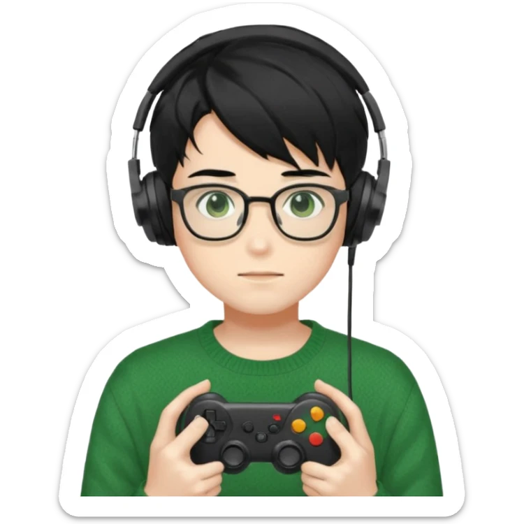 
gamer, Gorgeous green sweater black hair anime style shojo guy glasses, headphone, gamepad sticker