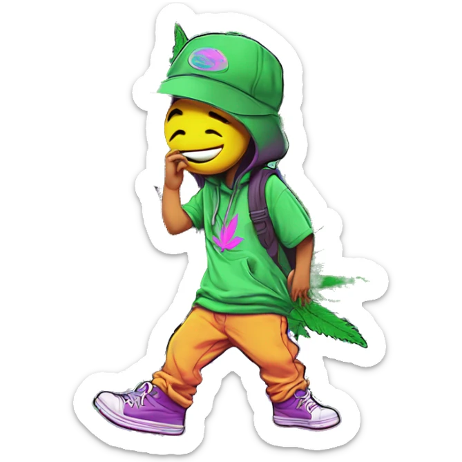 Hemp leaves Multicoloured neon person smoking wearing hoodie dancing hip hop bucket hat tropical Skater fashion aesthetic baggy clothes graphic t shirt 420 sticker