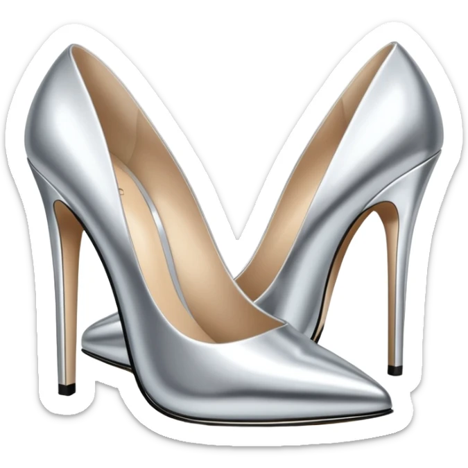 A pair of high heel shoes emoji made of polished silver chrome, elegant sharp silhouette, smooth metallic surface, glossy reflections, luxury sexy vibe, minimalistic iOS emoji style, centered, clean white background sticker