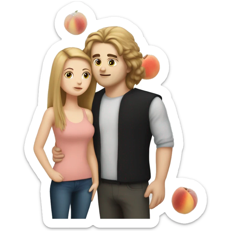 A white girl with a black square kisses a tall white guy with brown hair. There are peaches all around sticker