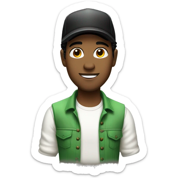 A singer with a white shirt, black hair, brown skin and a green cap sticker