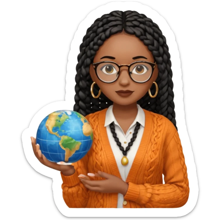 a young woman wearing fine gold round glasses and black hair in several box braids, she has light black skin, and she's wearing a white shirt with an orange-terracotta cardigan on top. She's holding a globe in one hand sticker