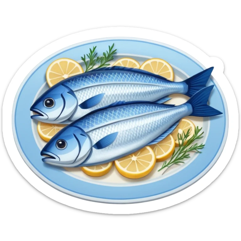 Fish dishes avatar in bright emoji-style illustration. Grilled fish, fillets, and seafood, blue and silver tones, simple shapes, flat design, fresh and flavorful. sticker