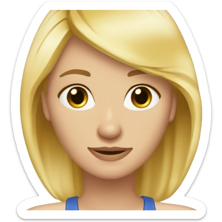 Blondýna, žena, vlasy po prsa, široký úsměv a velká brada, modré oči, kulatý obličej, výrazné obočí, 30 let sticker