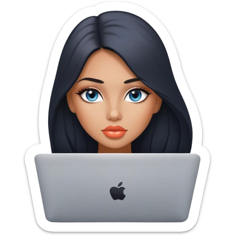 Glamours tanned very beautiful girl with big pump peach lips and almost black straight smooth silky long hair, blue-grey eyes with MacBook sticker