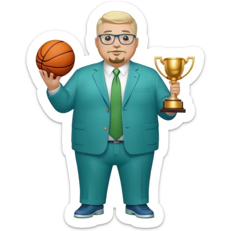 Full Body white fat male  wearing glasses with a goatee with light blonde gray very short hair basketball head Coach in blue and green suit holding trophy sticker