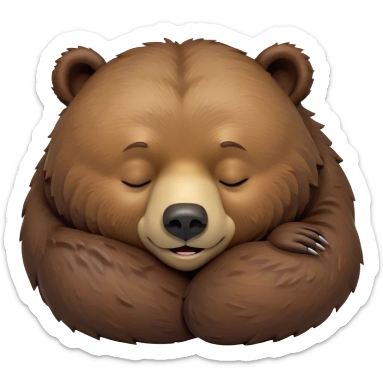 Meme-Worthy Cute Sleeping Grizzly Bear Portrait Emoji, Head resting peacefully with a contented smile, showcasing a massive, robust build and a luxuriously soft deep brown fur, eyes shut in a serene, restful nap, Simplified yet hilariously adorable features, highly detailed, glowing with a soft, drowsy light, high shine, relaxed and utterly lovable, stylized with an air of playful laziness, bright and heartwarming, soft glowing outline, capturing the essence of a comically sleepy grizzly, so meme-worthy it feels like it could instantly become the next viral sensation of adorable slumber! sticker