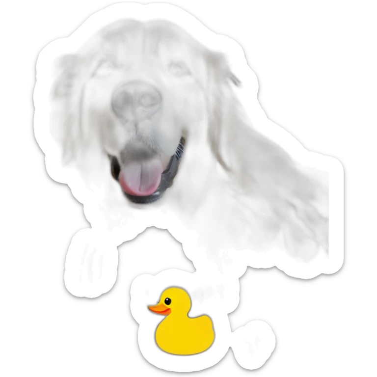 English cream golden retriever with small yellow duck dog toy in his mouth sticker