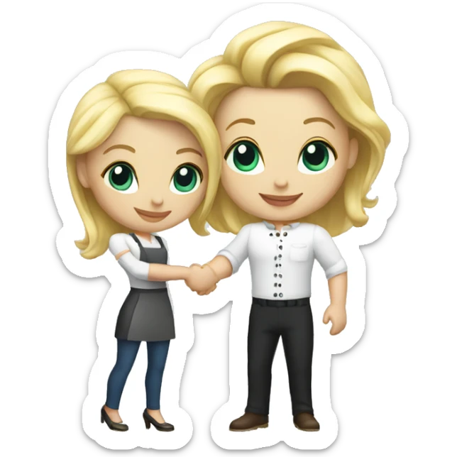 restaurant owner with white skin and blogger with white skin and blonde hair shaking hands in full height sticker