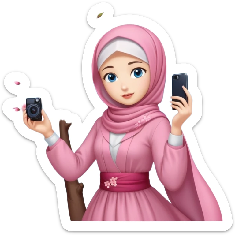 Turkish beautiful finish Konya girls blue eyes with lovely cherry blossom hijab long tail dress and she takes photo from sky sticker