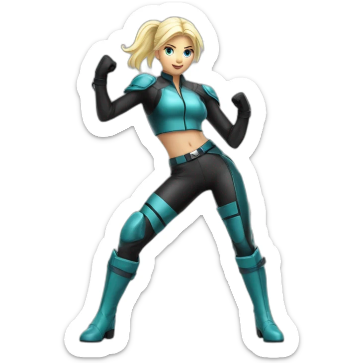 1 girl, racer, leather suit, latex legwear, leather skirt, platinum blonde hair, ponytail, smirk, aqua eyes, leather boots, canyon, Victory pose, Fighting stance sticker